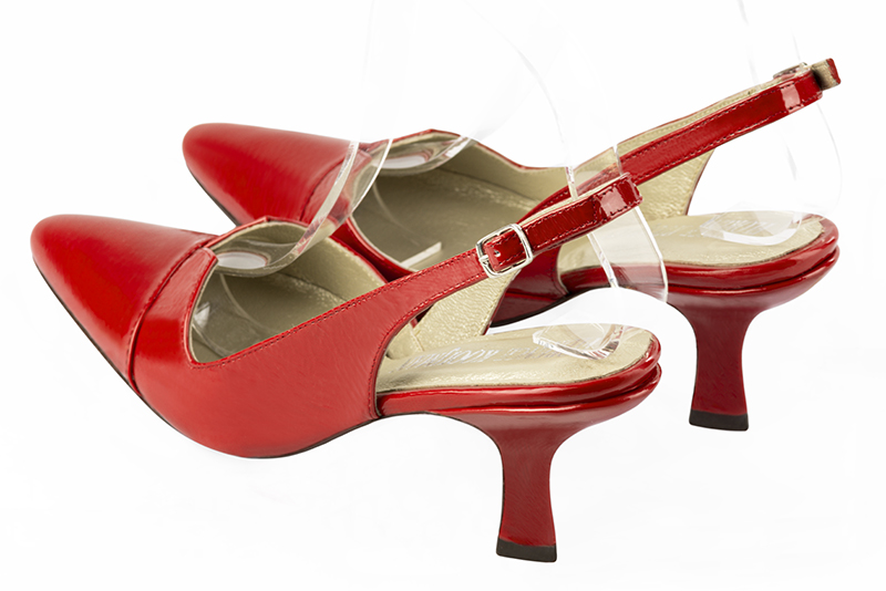 Scarlet red women's open back shoes, with a knot. Tapered toe. Medium spool heels. Rear view - Florence KOOIJMAN